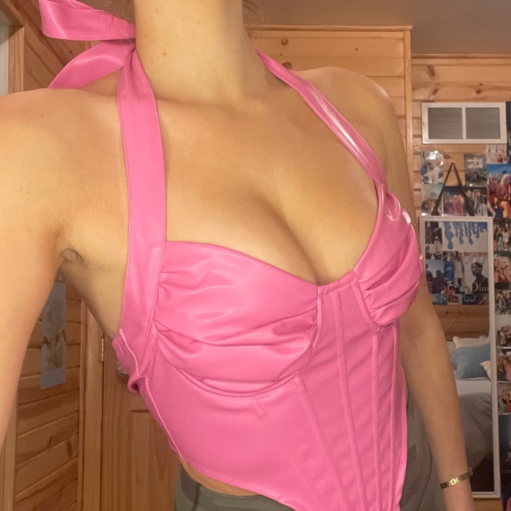 PrettyLittleThing Hot Pink Faux Leather Halter Corset Top